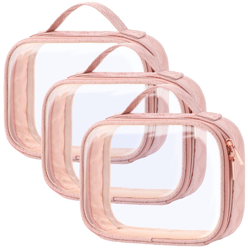 PACKISM TSA Approved Toiletry Bag 3 Pack Clear Makeup Bags with Handle Large Opening Clear Toiletry Bags Fit Carryon Travel Essentials Quartsized Travel Bags for Toiletries Rose Pink